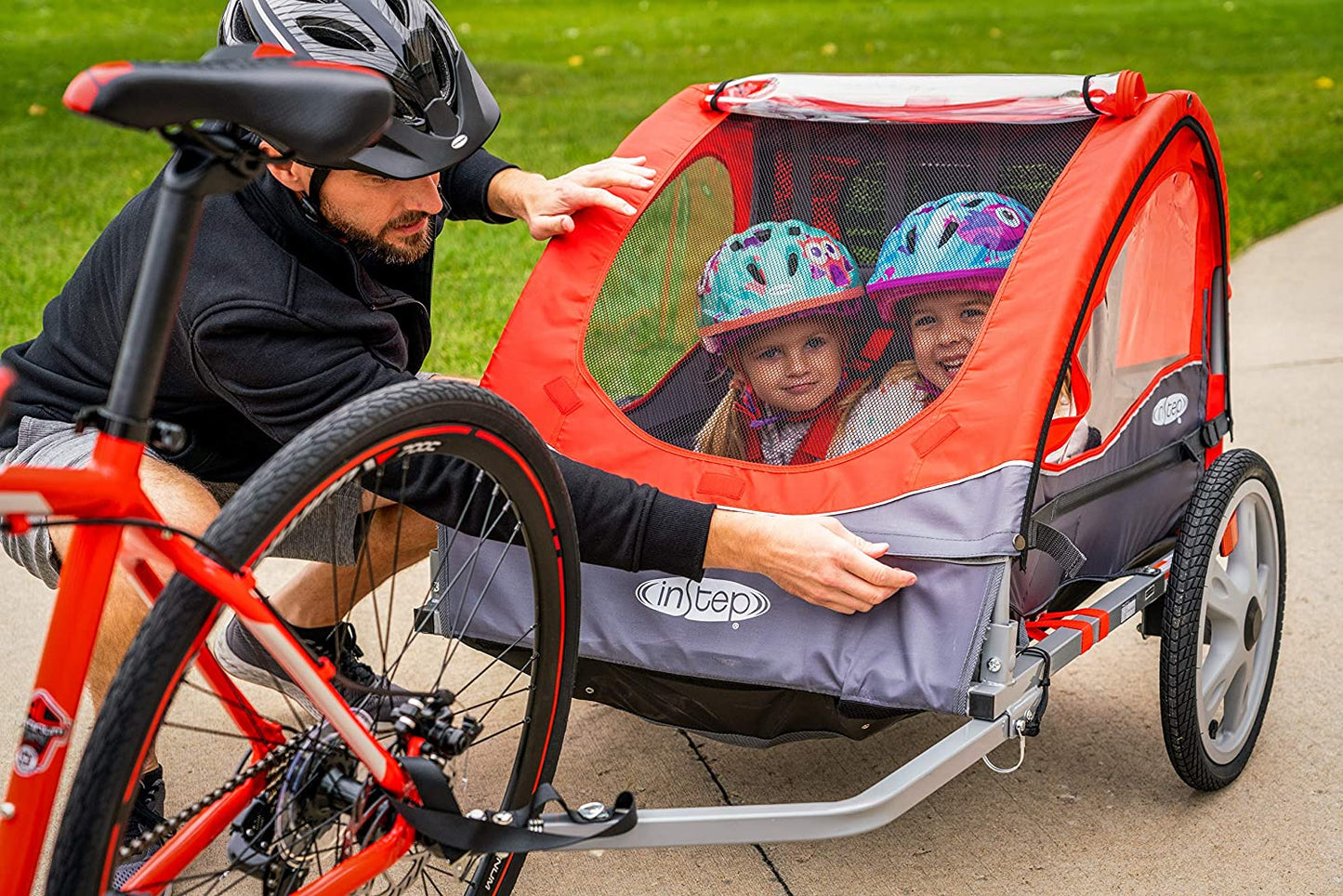 Sync and Take 2 Bike Trailer for Kids, Single and Double Seat Options, 5-Point Harness, Folding Frame, Quick Release Wheels, Easy Storage, with Bug Screen & Weather Shield, Bike Attachment