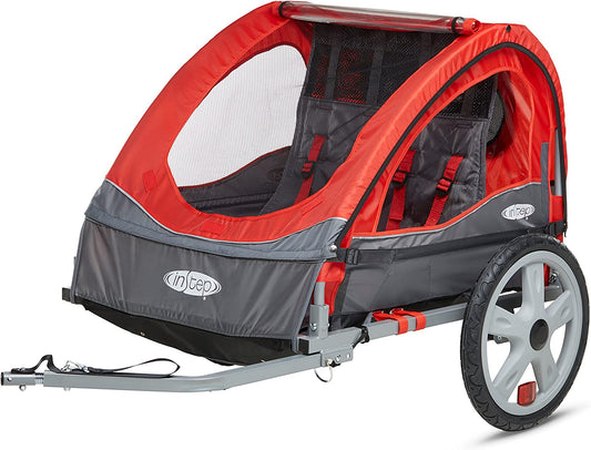 Sync and Take 2 Bike Trailer for Kids, Single and Double Seat Options, 5-Point Harness, Folding Frame, Quick Release Wheels, Easy Storage, with Bug Screen & Weather Shield, Bike Attachment